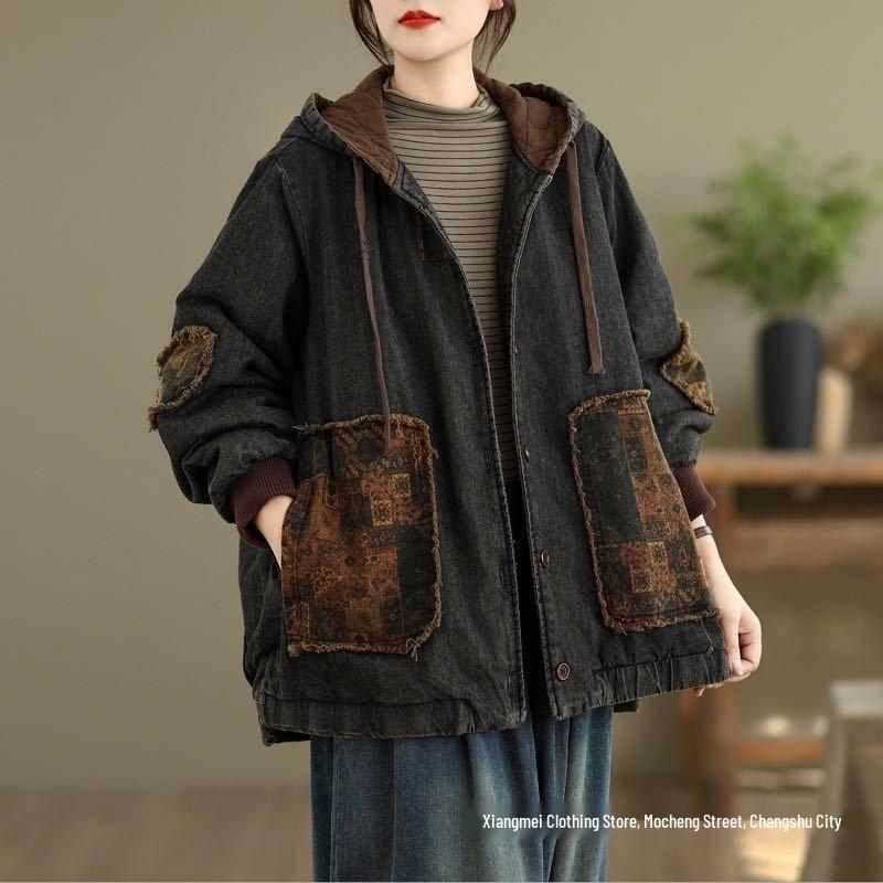 Women's Retro Patchwork Hooded Denim Jacket - Warm Padded Cotton for Winter 2025