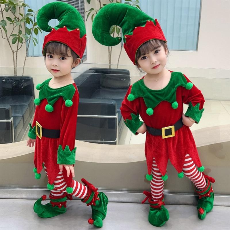 Children Christmas Dwarf Accessories for Boy Girl Kids Christmas Elf Costume Includes Elf Suit Elf Hat and Shoe Covers