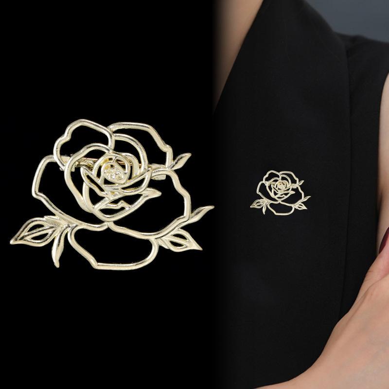 Vintage Openwork Camellia Pin, Luxe Openwork Glittering Rose Brooch For Coat Lapels