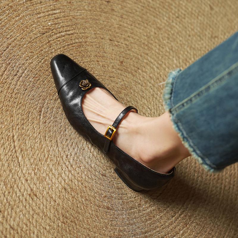 New Low-top Shallow-mouth Leather Single Shoes, Comfortable Low-heeled Single Shoes, Women's Head and Foot Pedal, Comfortable Beef Tendon So