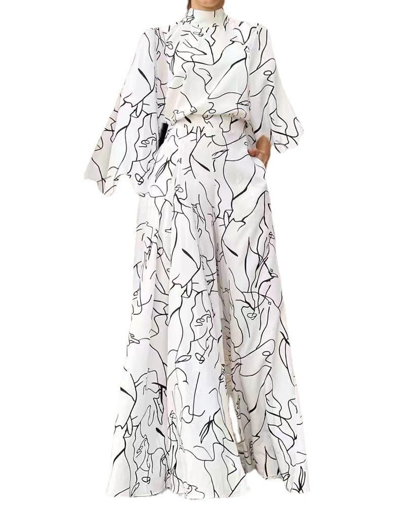 2026 Women's Elegant Waist-Cinching Long Sleeve Halter Jumpsuit with Lace-up and Print