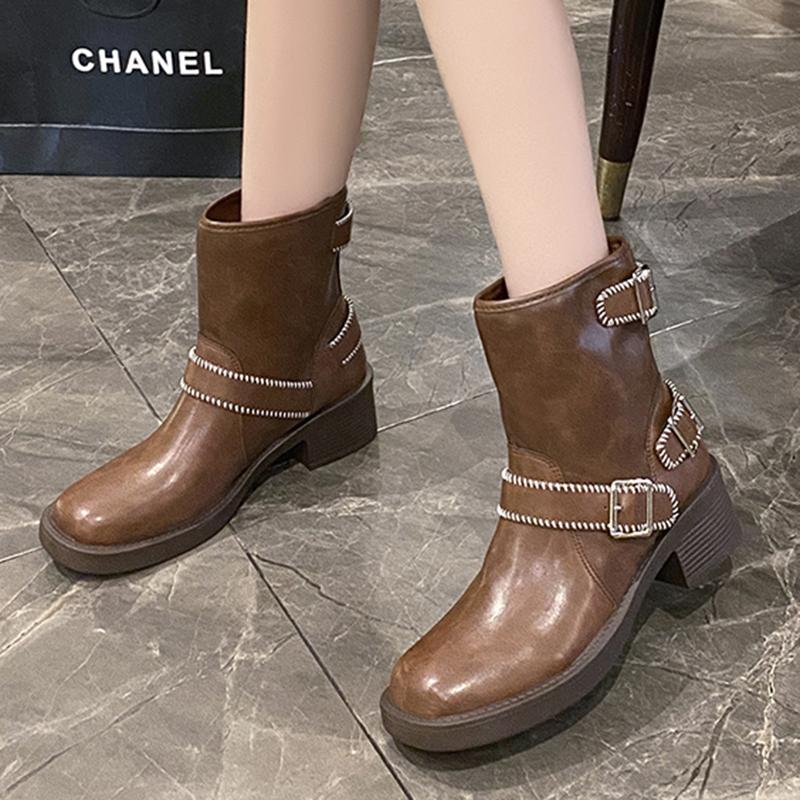 Fashion Fashion Silver Buckle Decoration Riding Boots Women 2025 Winter Square Toe Medium Heel Modern Shoes Sexy Western Cowboy Boots