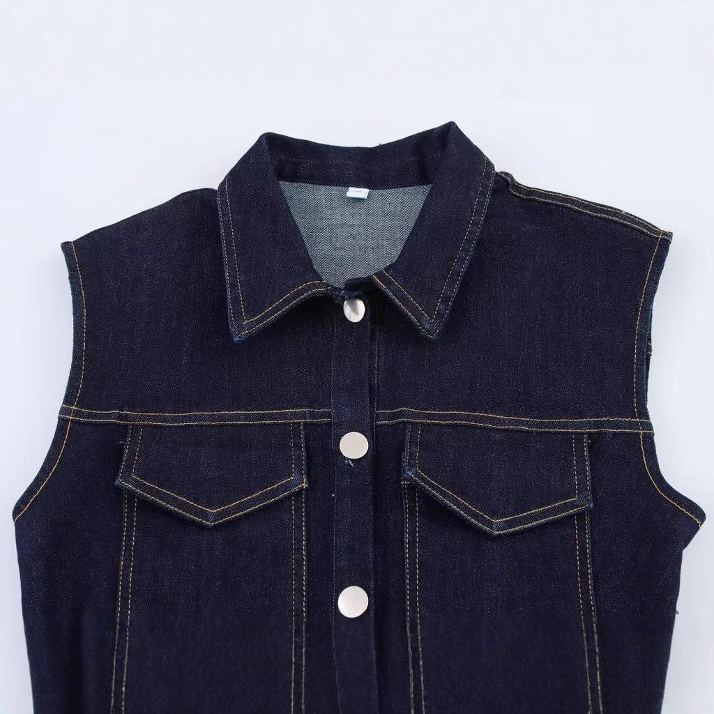 Spring 2025 European & American Style Women's Slim Denim Pleated Sleeveless Mini Dress