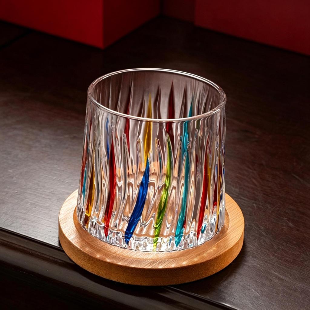 Colorful Hand-Painted Crystal Whiskey Glass, Vintage Embossed Tumbler for Bar & Home