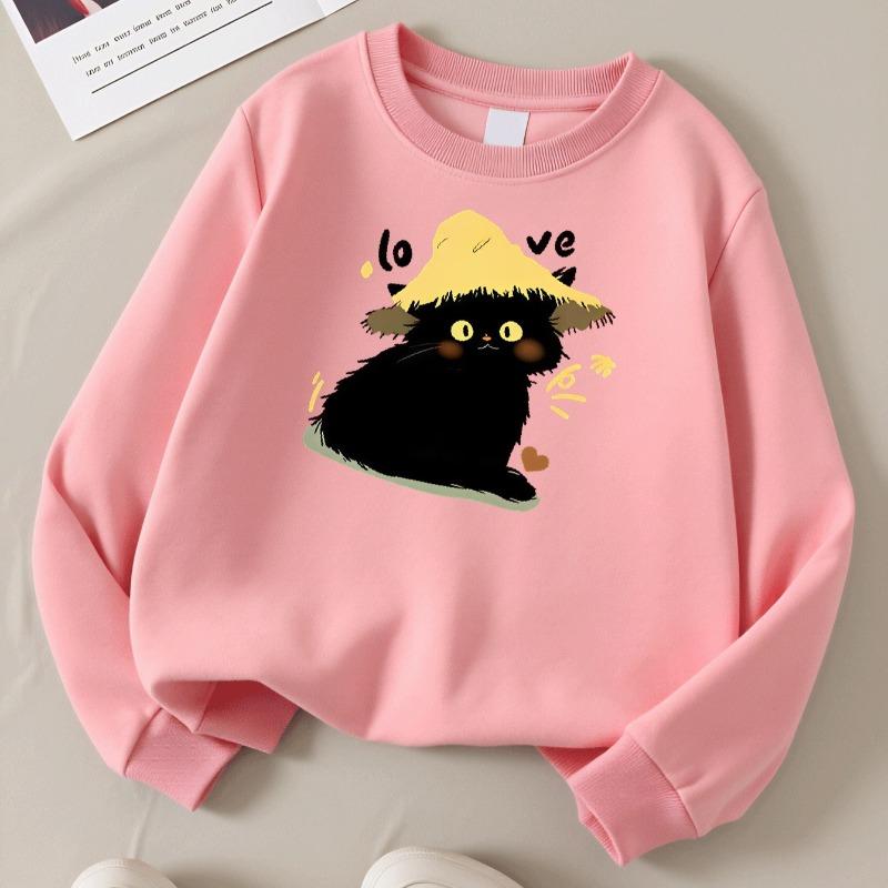 Kids Crewneck Sweatshirt, Cute Black Cat with Straw Hat & Love Print, Soft Casual Pullover for Fall Winter