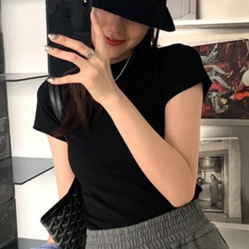 

Модная летняя приталенная повседневная футболка женская с коротким рукавом и круглым вырезом женская футболка топы однотонные простые офисные женские футболки одежда 24487 XL чёрный