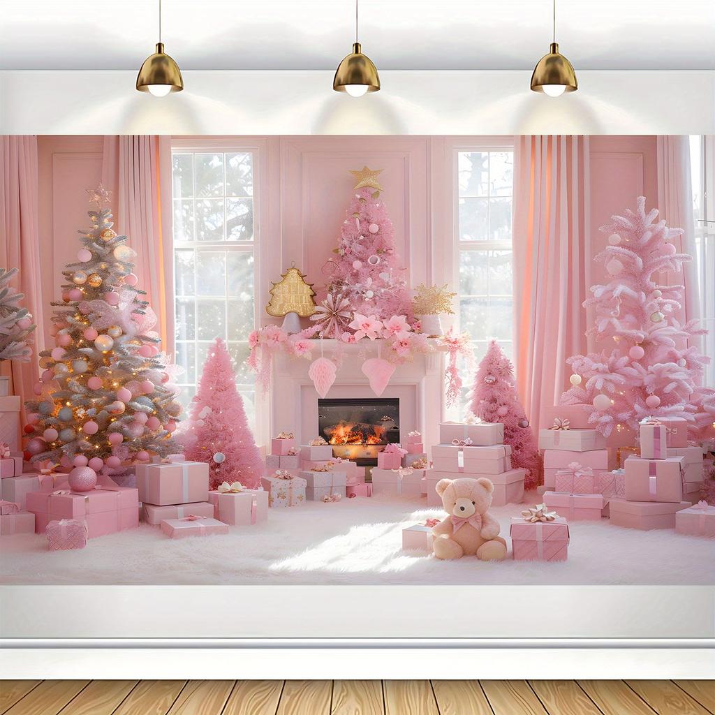 One 2D flat pink Christmas polyester background cloth with a Christmas pink tree ball background suitable for daily decoration