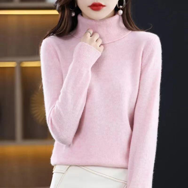 Winter Sweater Long Sleeved Knitted Sweater Solid Color Versatile Temperament Women's Base Shirt