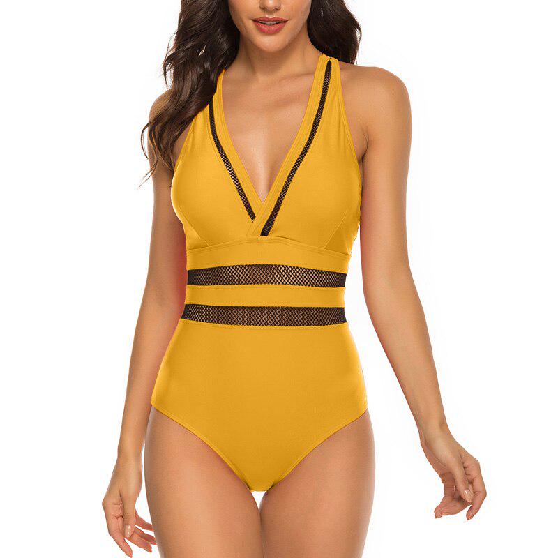 Sexy Swimwear Women One Piece Swimsuits Solid Mesh Bathing Suits Cross Back Beach Wear