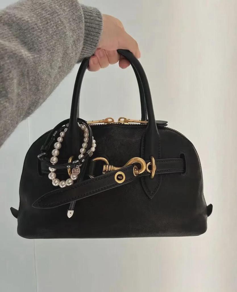 Genuine Leather Retro Cowhide Bowling Tote - Women's Fashionable Crossbody & Shoulder Bag