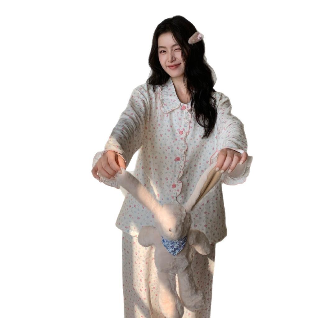 The new pajamas can be worn outside, the Korean version of the women's suit ins style simple pure cotton double-layer yarn breathable lace collar