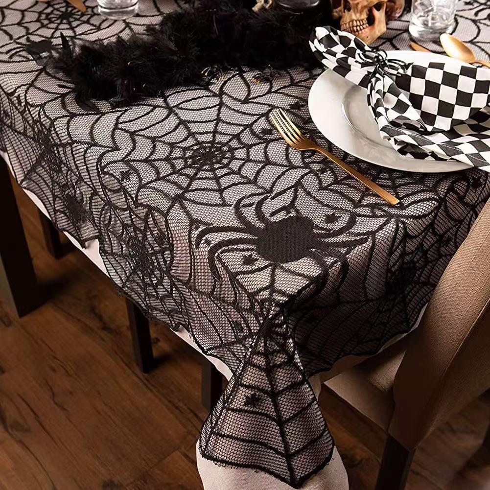 Halloween Spider Web Lace Tablecloth Simple Black Haunted House Skull Pumpkin Table Cloth for Party Home Decoration Table Decor
