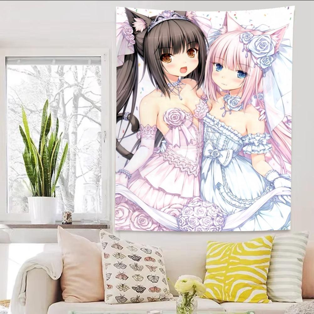 

New Cute Anime Nekopara JK Maid Girl Cartoon Tapestry Ins Style Aesthetic Wall Hanging For Girls Bedroom Decor 74x94cm(29x37in)