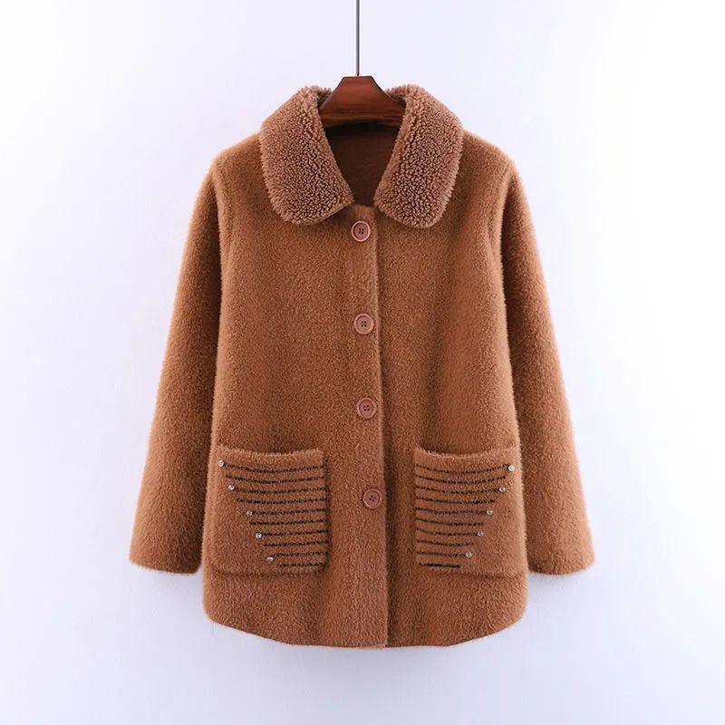 Autumn Winter Middle-aged Faux Mink Fleece Women's Jacket Single-breasted Warm Loose Lapel Coat Casual Female Wool Outwear