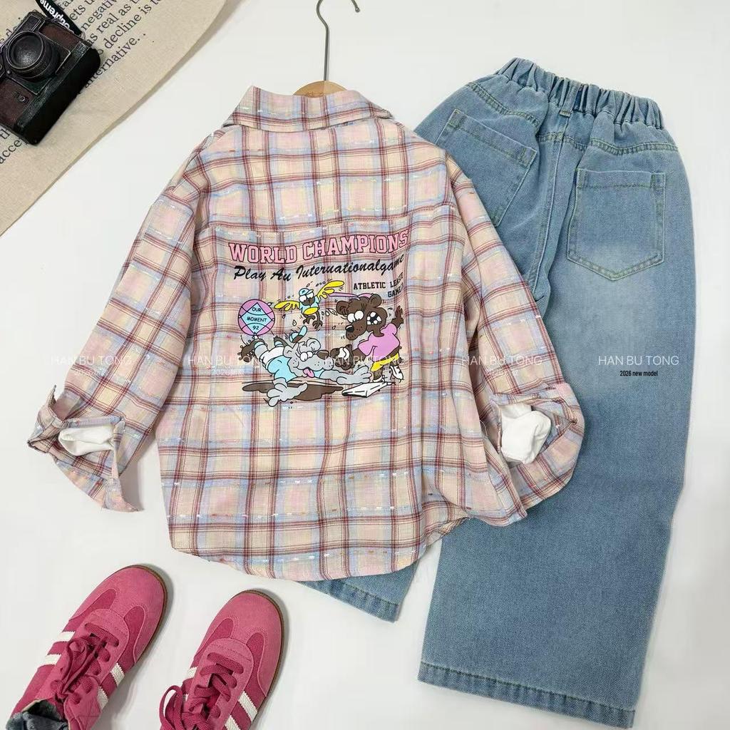 Girls' Plaid Shirt & Star Jeans Set - Stylish Korean Spring/Autumn Wear 2026