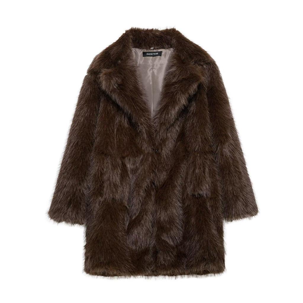 Eco-Friendly Faux Fur Women's Mid-Length Coat - Warm Fuzzy Winter Jacket