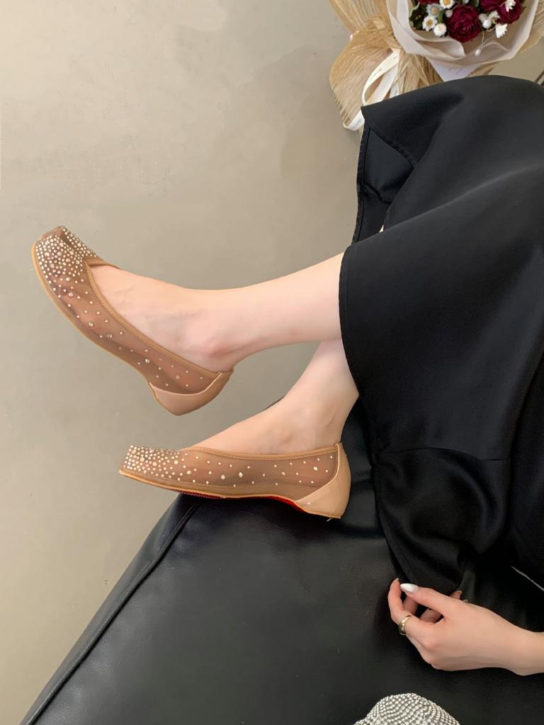 2025 Sommer neu~ Mesh Strass Ein-Pedal flachsohlige Zehentrenner Damenschuhe Schweinsfüße flachsohlige Damenschuhe