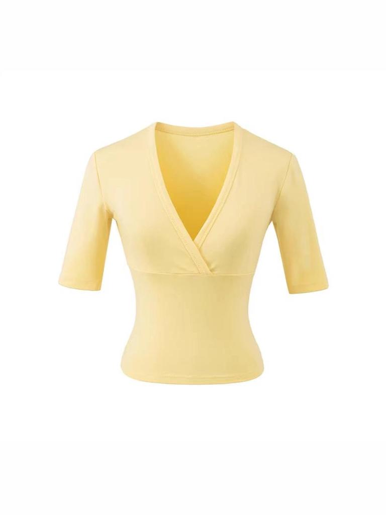 Elegante Camiseta Cruzada en V con Ceñido a la Cintura para Mujer - Capa Base de Manga Corta para Verano