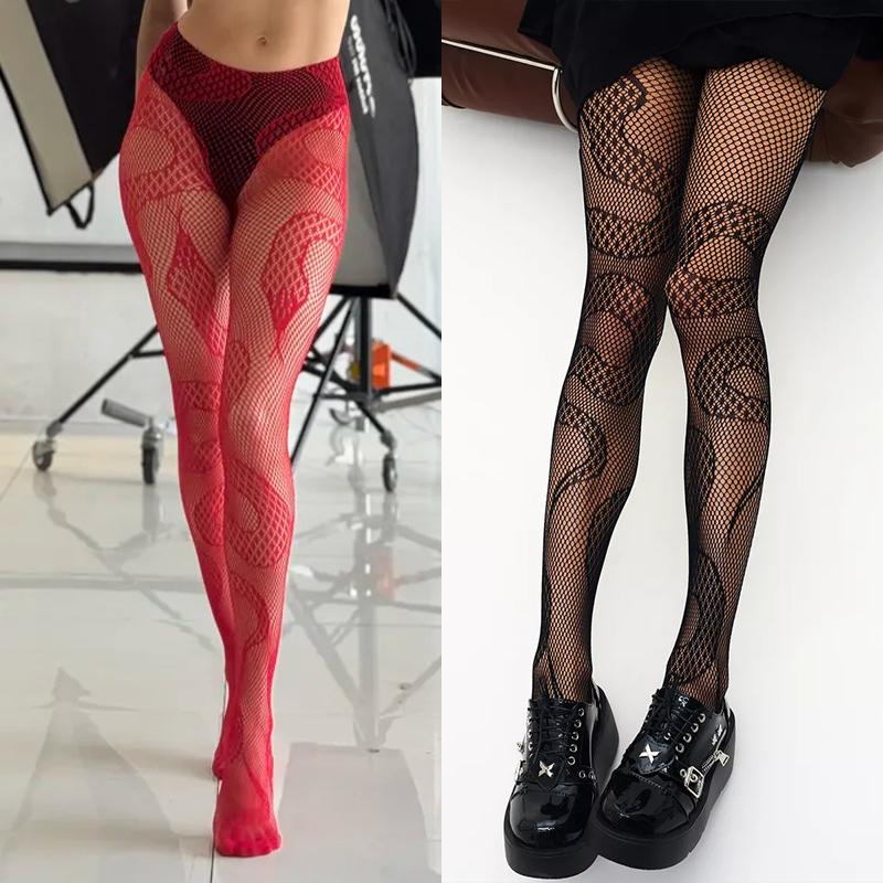 Gothic Schlangenmuster Netzstrümpfe Schwarze Strumpfhose Damen Sexy Nylon Transparent Feinstrumpfhose Y2K Lolita Ausgehöhlte Blumenspitze Cosplay Socken