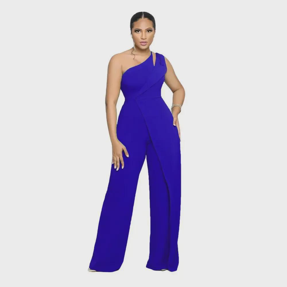 9904 European & American Sexy Sleeveless One-Shoulder High Waist Straight Jumpsuit