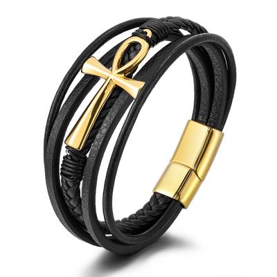 Bracciale in Pelle Multistrato Antico con Simbolo della Vita Ankh Egiziano Crocifisso Uomo Chiusura Magnetica Wrap Bangle