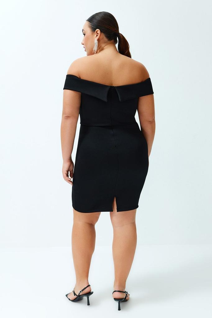 Women's Style Plus Size Dress Black Double Layered Collar Detailed Knitted Dress