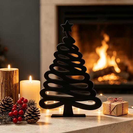 Modern Festive Table Centerpiece 3D Printed Abstract Line Christmas Tree Figurine, Minimalist Xmas Sculpture with Star Entryway Ornament Topper