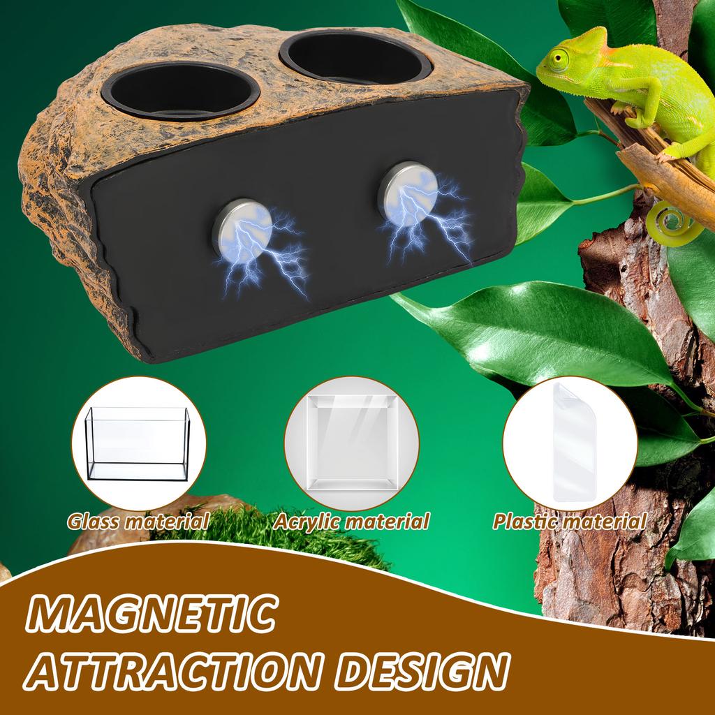 Hanging Reptile Feeding Bowl Plastic Reptile Food Water Dish Double Bowl Imitation Rock Magnetic Feeder Ledge for Lizard Gecko