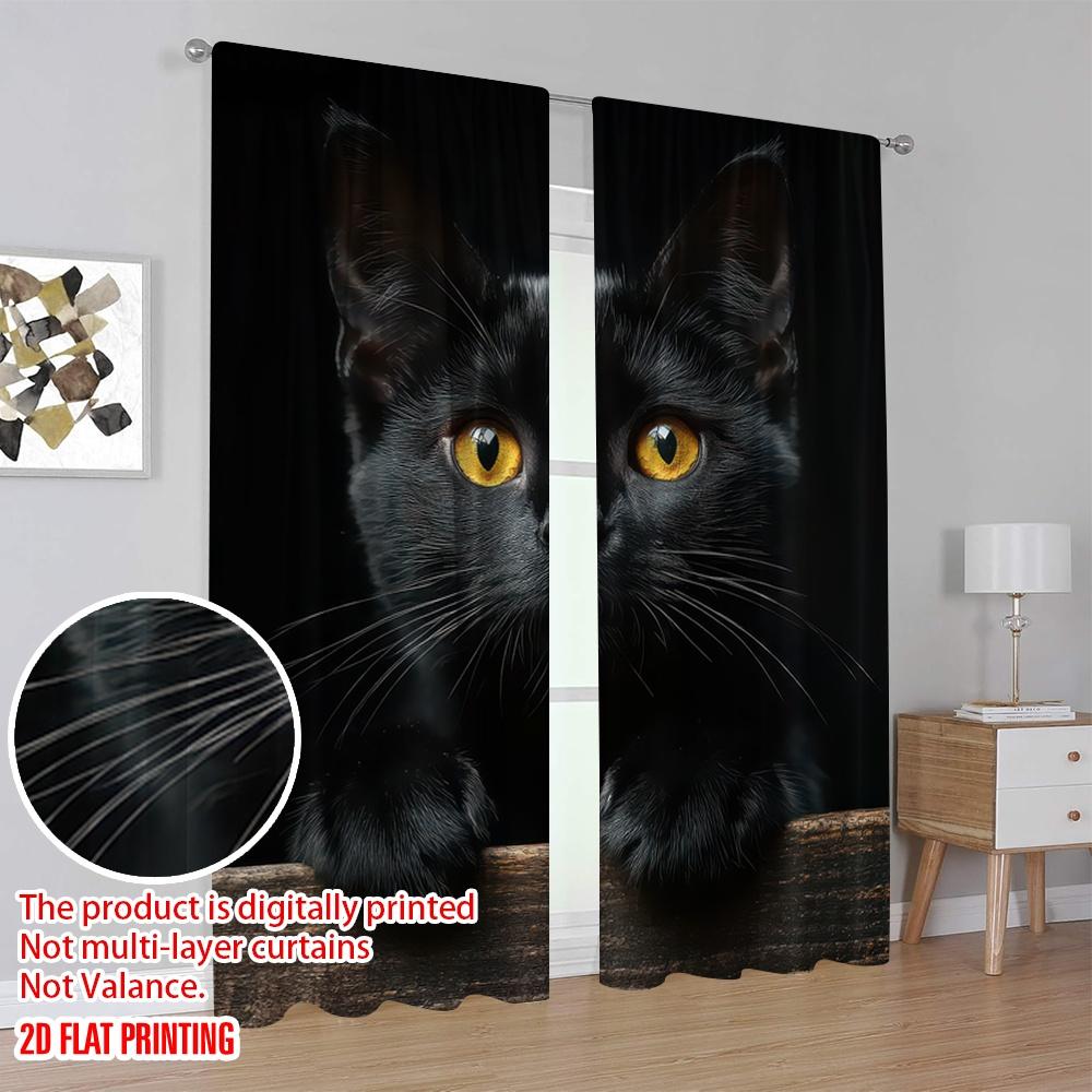 2D Flat Printing 2pcs Window Curtains Black Cat Animals Versatile Polyester Fabric  Without Electricity Family Party Decoration