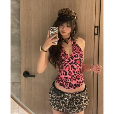 American Retro Leopard Print Top Halter Neck Camisole Slim Fit Sleeveless Tie Back Cami Top Women Y2K Aesthetic Street Style