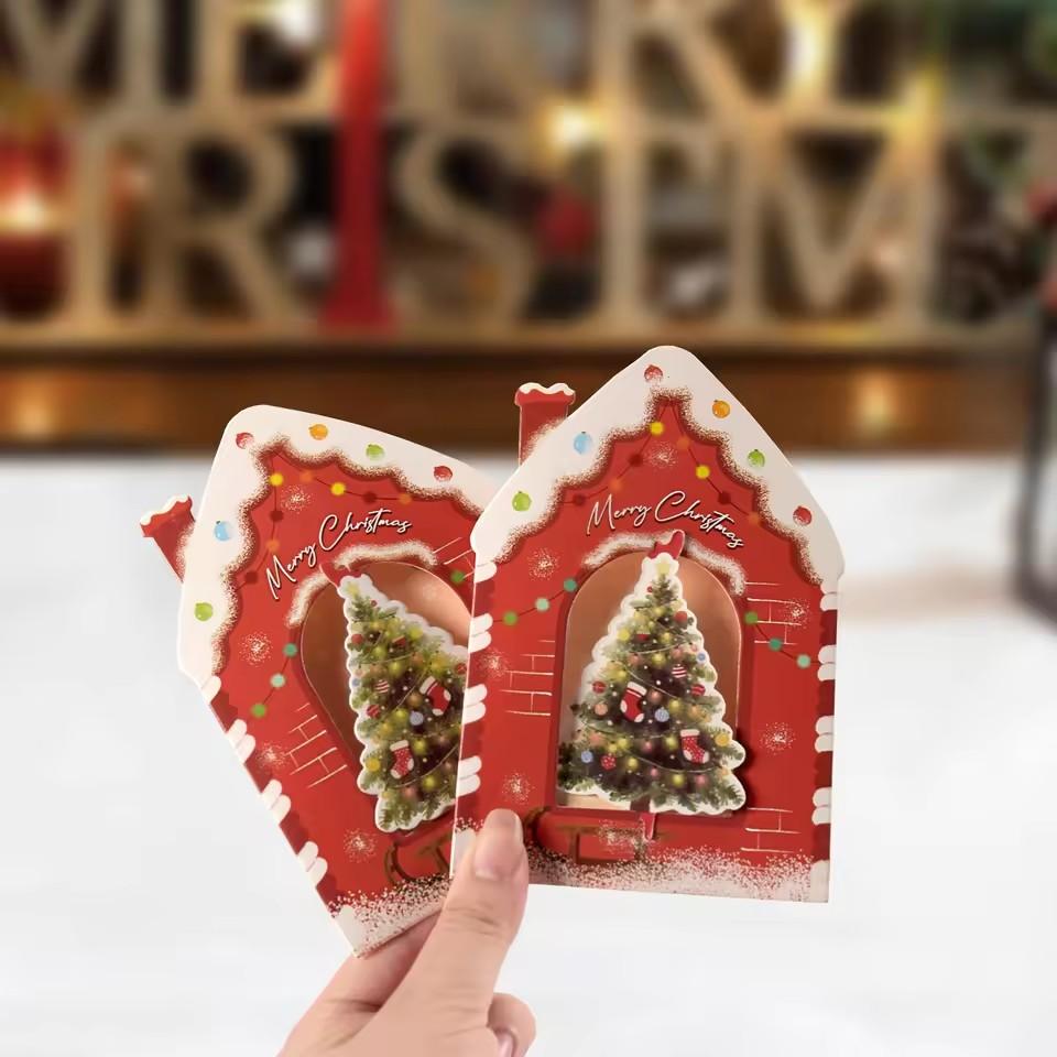 10/20Pcs Merry Christmas Greeting Cards House Design 3D Rotating Blessing Card for New Year Party Gift Decoration Supplies