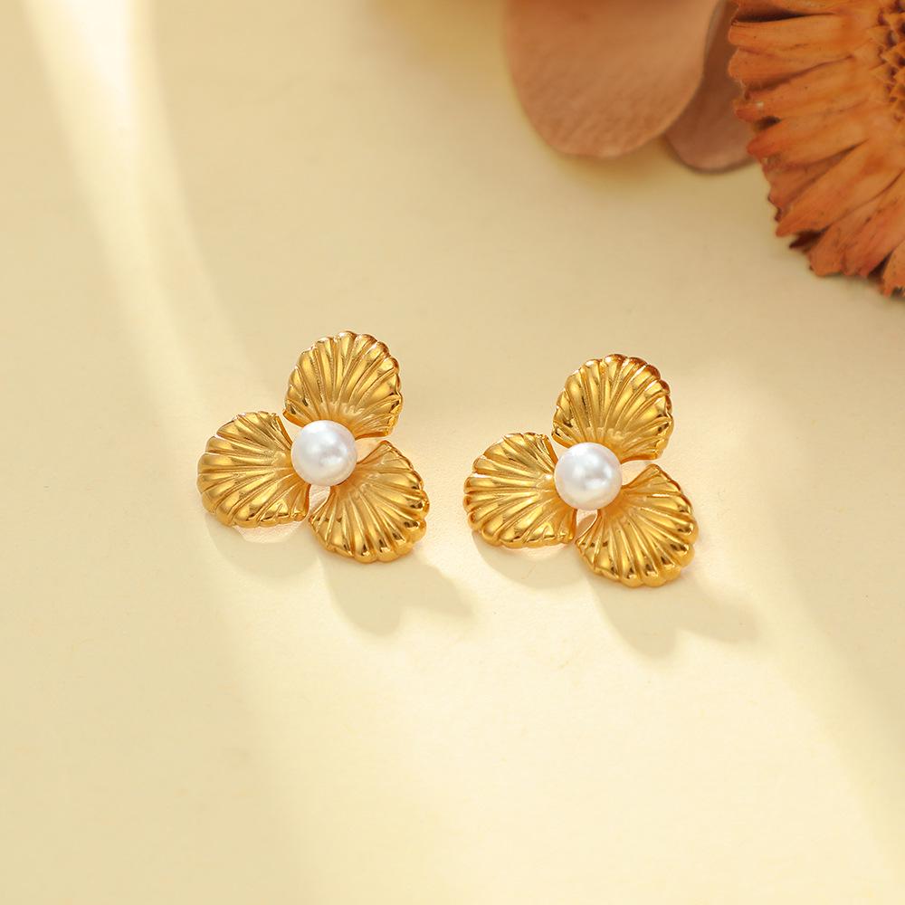 Polished Stainless Steel Pearl Stud Earrings for Women - Irregular Geometric Flower Design