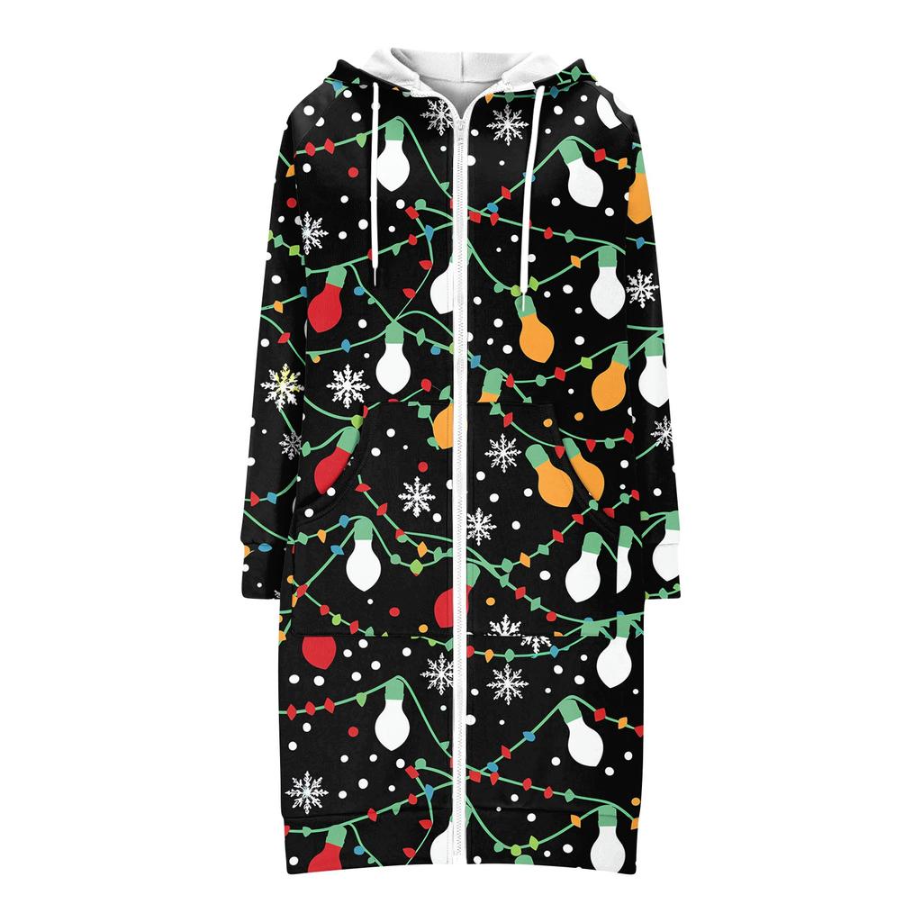 Women's Fashionable Christmas Printed Long Sleeved Drawstring Hooded Zipper Pocket Long Casual Sweatshirt Jacket
