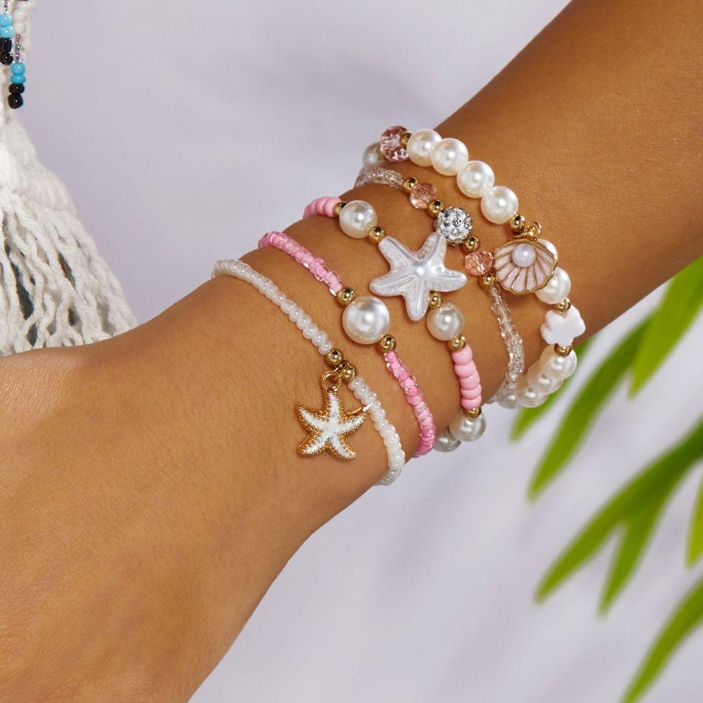 Gold Color Shell Bracelet Set Open Bangle Starfish Shell Bohemian Bracelet Set Handmade Multilayer Stacked Beaded Bracelet Set