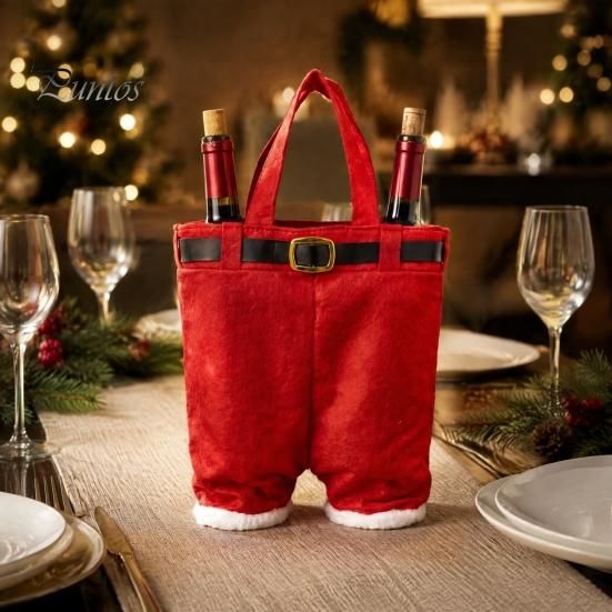 Christmas Party Favor Bags Santa Pants Shaped Candy Bag, Large Wine Bottle Holder with Festive Fabric Decorations Handle, Holiday Treat Tote