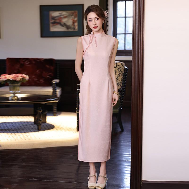 Pink Sleeveless Modern Chinese-Inspired Long Cheongsam Dress Women 2026 Retro Style With Embroidered Net Trim Small