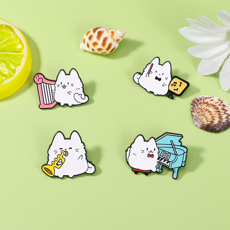 Cartoon Symphony Orchestra Cats Enamel Brooches Funny Music Kitty Kitten Play Harp Piano Saxophone Lapel Pins