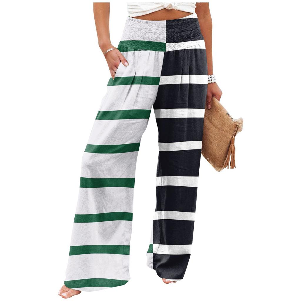 Women's Summer Elastic Waist Striped Printed Cotton And Linen Loose Trousers