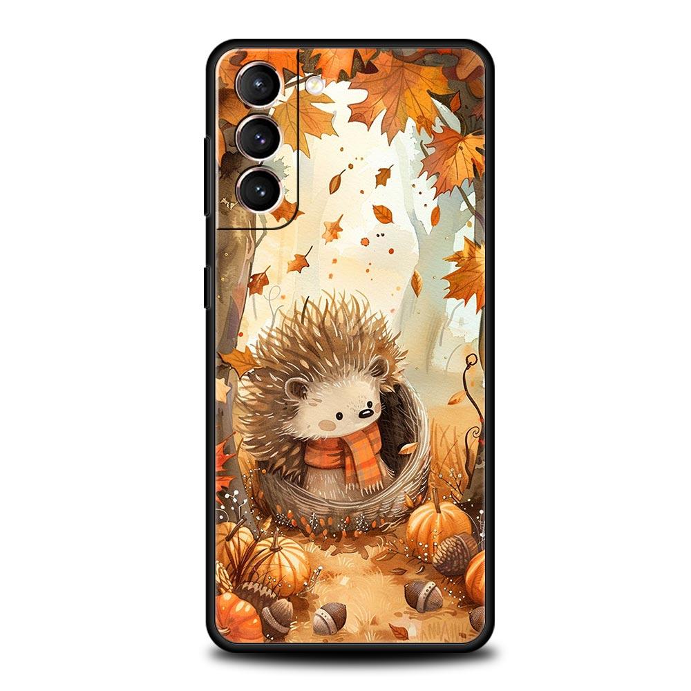 Autumn Cute Hedgehog Design Phone Case For Samsung Galaxy S26 Ultra S25 Plus S24 FE S23 S22 5G S21 S20 Cover Black Soft