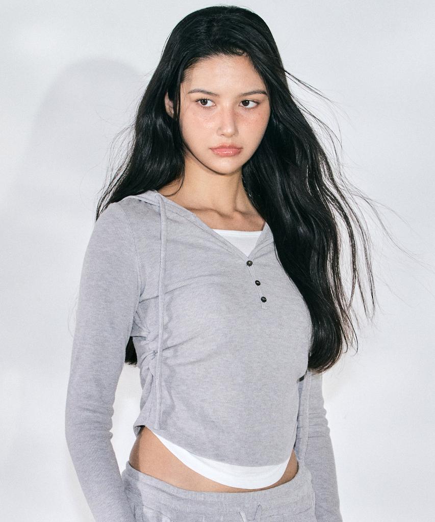 ZEROPLANET Eva Button Layered Knit Hoodie [Melange]
