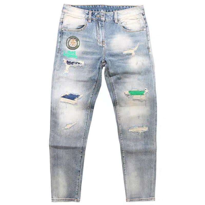 Spring and Autumn New Fashion Brand Jeans Men's Ripped Embroidery Trend Slim Fit Skinny Pants Trousers