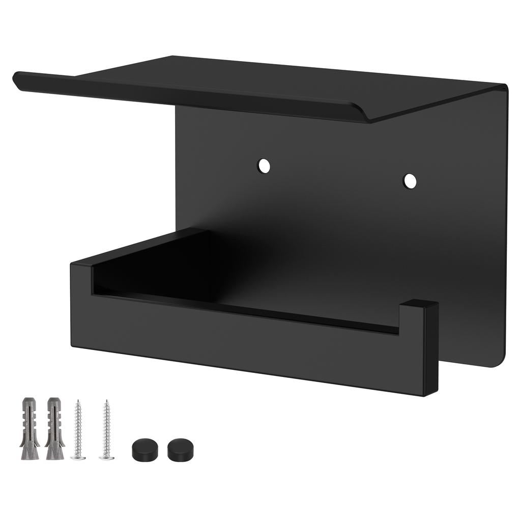 Toilet Paper Holder with Phone Shelf Wall Mounted Matte Black Toilet Roll Dispenser Stainless Steel Tissue Roll Holder for Home