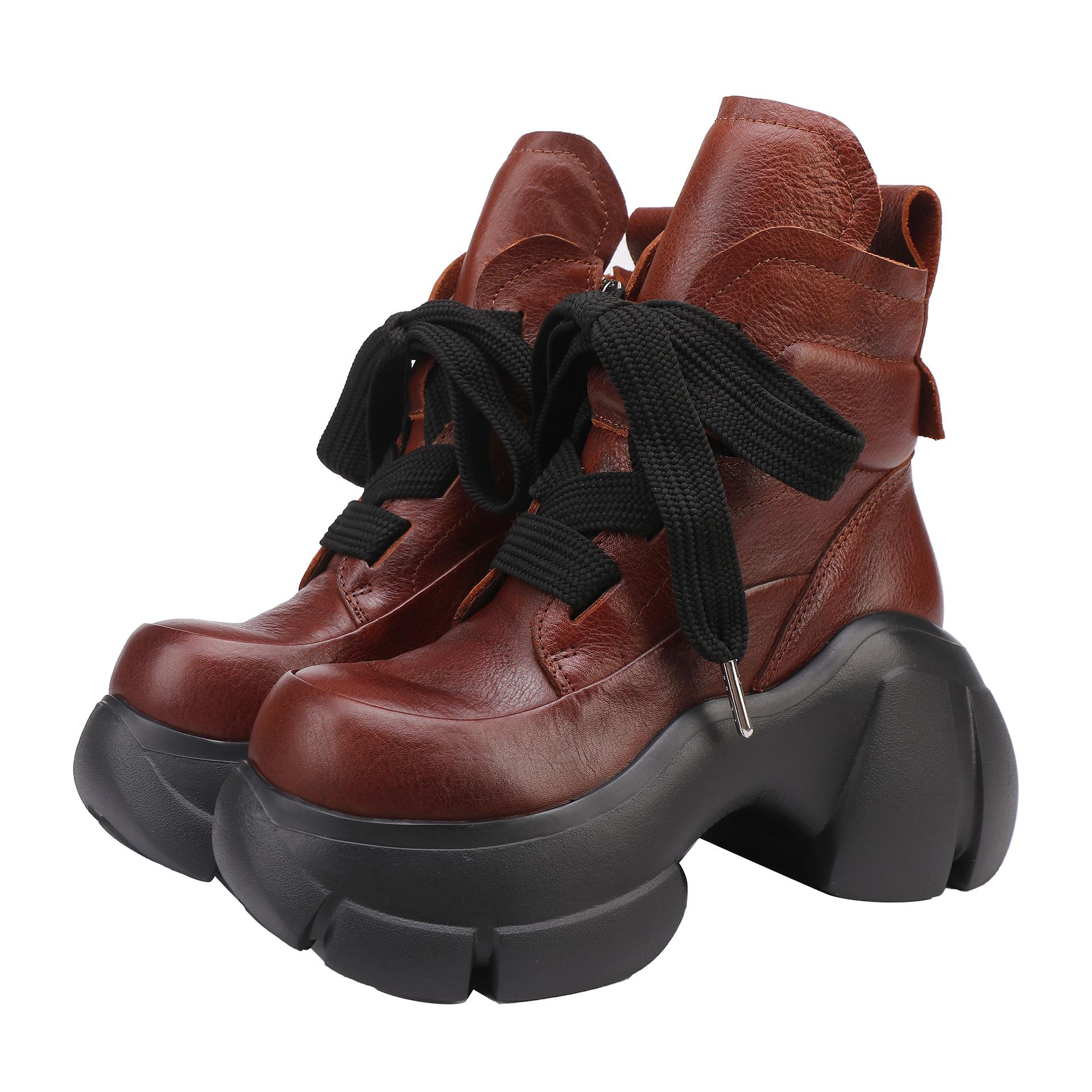 

Johnature Ботинки из натуральной кожи на толстой подошве на высоком каблуке, женские короткие ботинки на платформе в стиле ретро со шнуровкой 34 коричневый