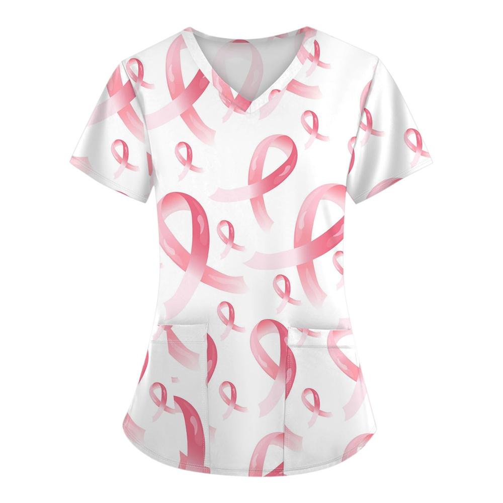 Surgical Uniforms Woman Heart Printed V-Neck Nurses Tops Short Sleeve Patch Pocket Medical Uniforms Surgical Uniforms Nursing