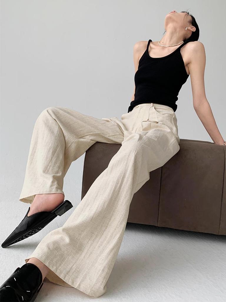 Women's Summer Wide-Leg Cotton Linen Trousers - Loose, Floor-Length, Casual Tencel Pants