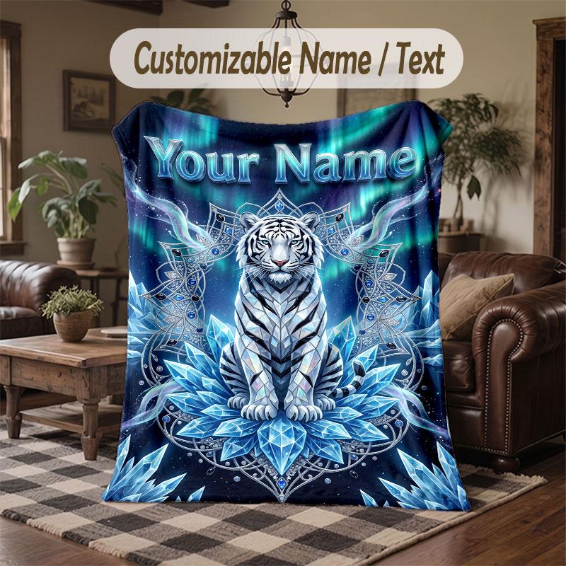 Lion Tiger Leopard Theme Throw Blanket Custom Name Text Personalized Blanket Soft Cozy Blanket for Home Sofa Bed