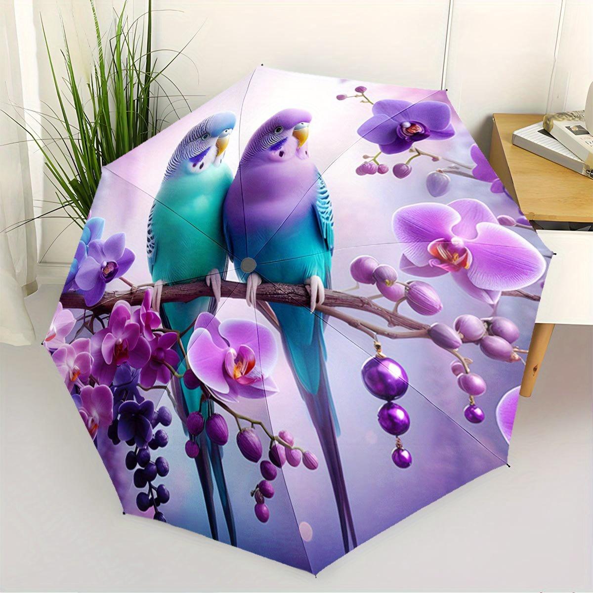 Open/Close Folding Umbrella with Budgerigars & Orchids - Bone (Ribs) 8-Rib Compact Travel Umbrella Suitable for Travel, Backpa