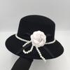High Quality White Camellia Fedora Pearl Band 100% Wool Felt Hat Floppy Ladies Wedding Church Hat Pork Pie Trilby Hat