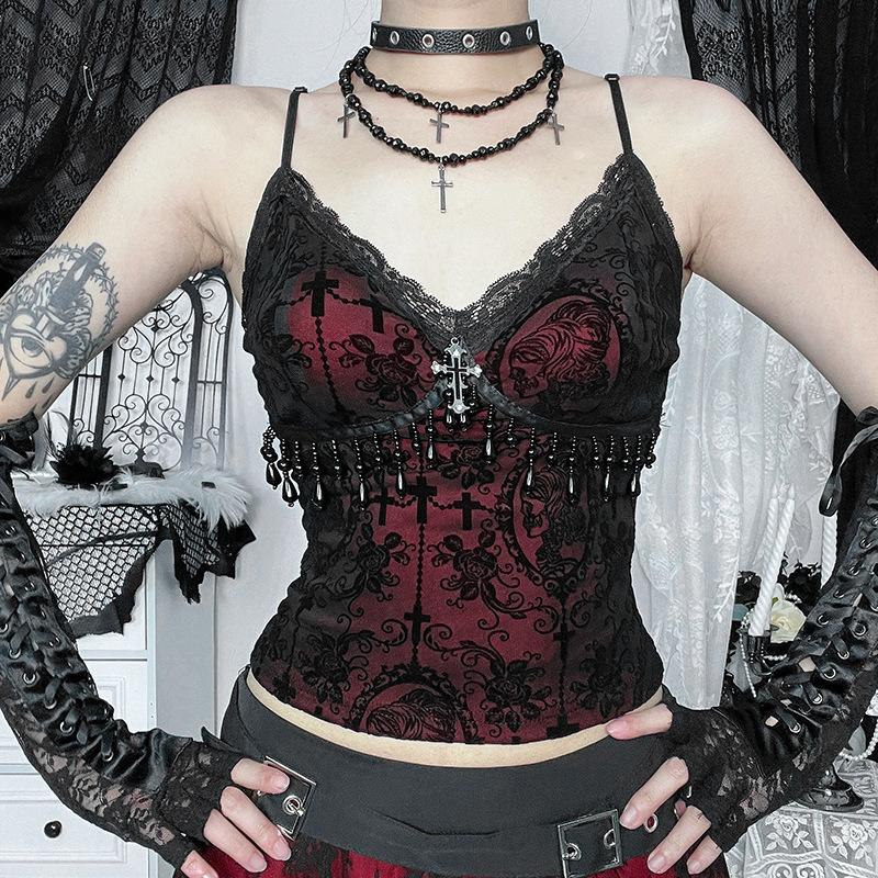 Vintage Mall Gothic Flocking Camisole Women Aesthetic Fairycore Grunge Y2k E-girl Lace Patchwork Beading Crop Tank Tops