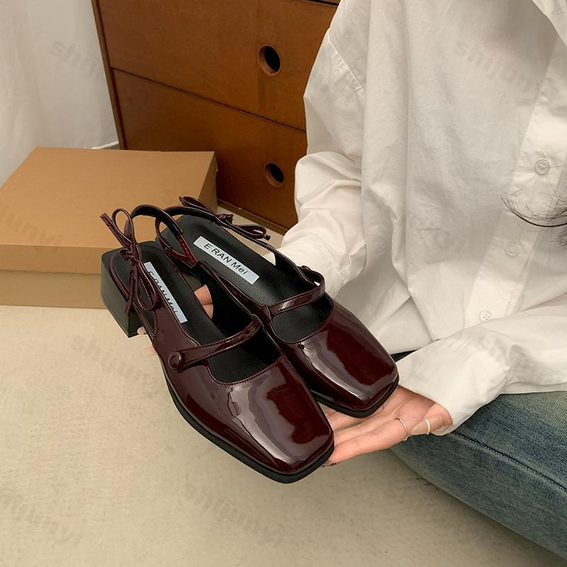 Fashion Elegant Bow Design Square Head Shallow Mouth Casual Sandals for Women 2025 Summer Back Strap Comfortable Coarse Heel Cool Pumps